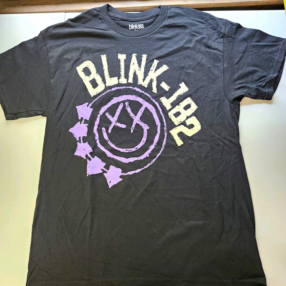 blink-182 Black Smiley Face Logo Graphic Print Crew Neck T-Shirt Mens L